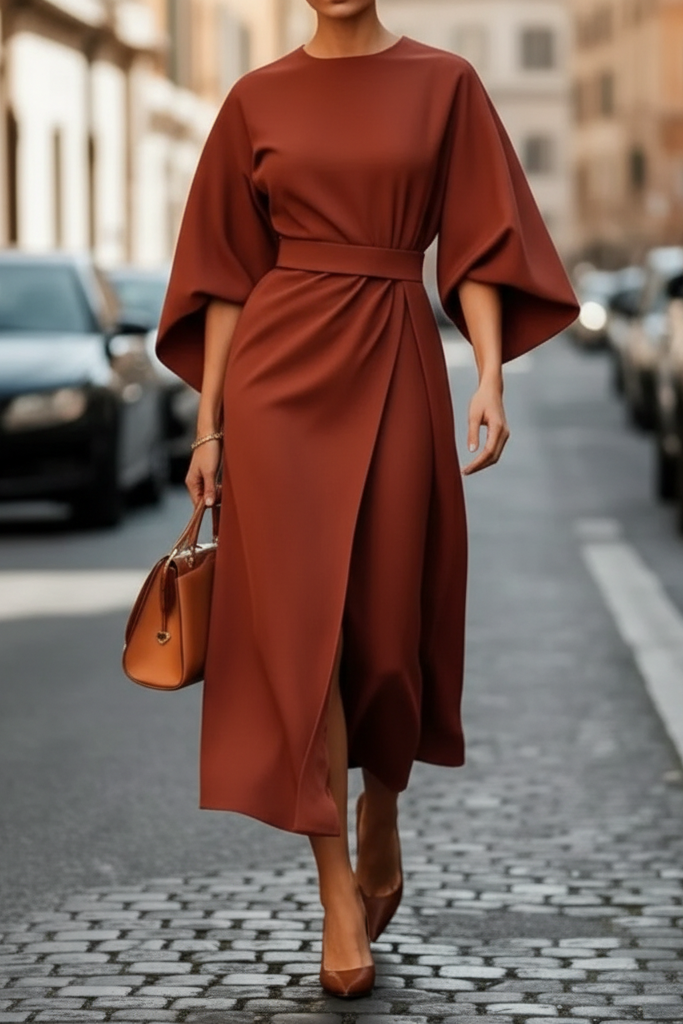 Round Neck Belted Wrap Midi Dress with Wide Sleeves