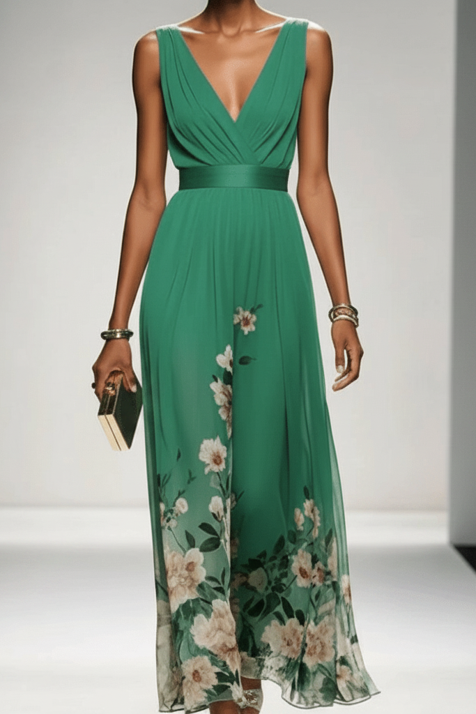 Sleeveless Belted Chiffon V-Neck Floral Maxi Dress