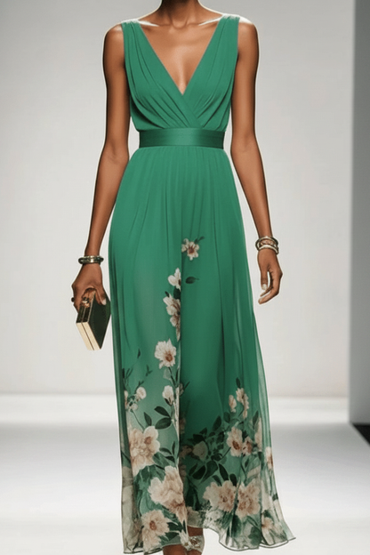 Sleeveless Belted Chiffon V-Neck Floral Maxi Dress