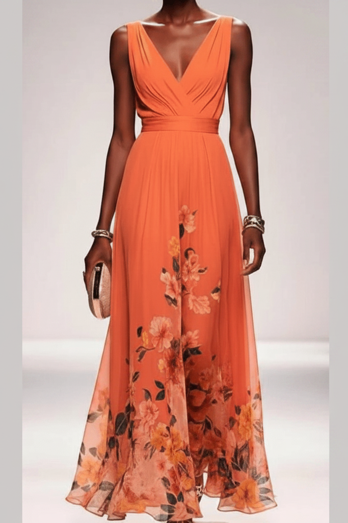 Sleeveless Belted Chiffon V-Neck Floral Maxi Dress