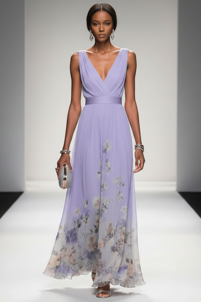 Sleeveless Belted Chiffon V-Neck Floral Maxi Dress