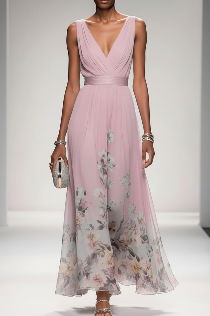 Sleeveless Belted Chiffon V-Neck Floral Maxi Dress