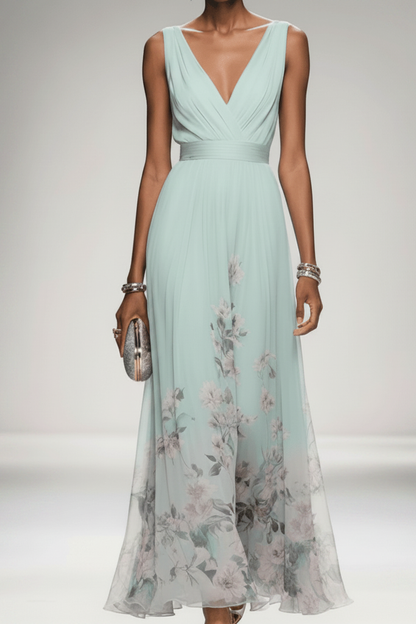 Sleeveless Belted Chiffon V-Neck Floral Maxi Dress