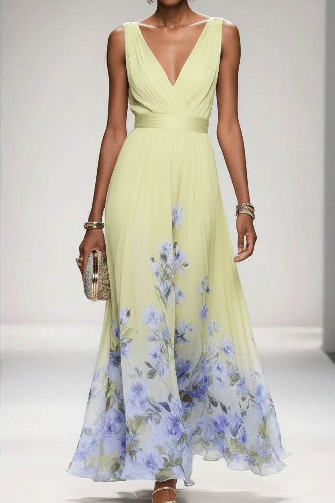 Sleeveless Belted Chiffon V-Neck Floral Maxi Dress