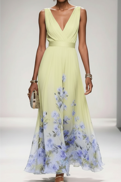 Sleeveless Belted Chiffon V-Neck Floral Maxi Dress