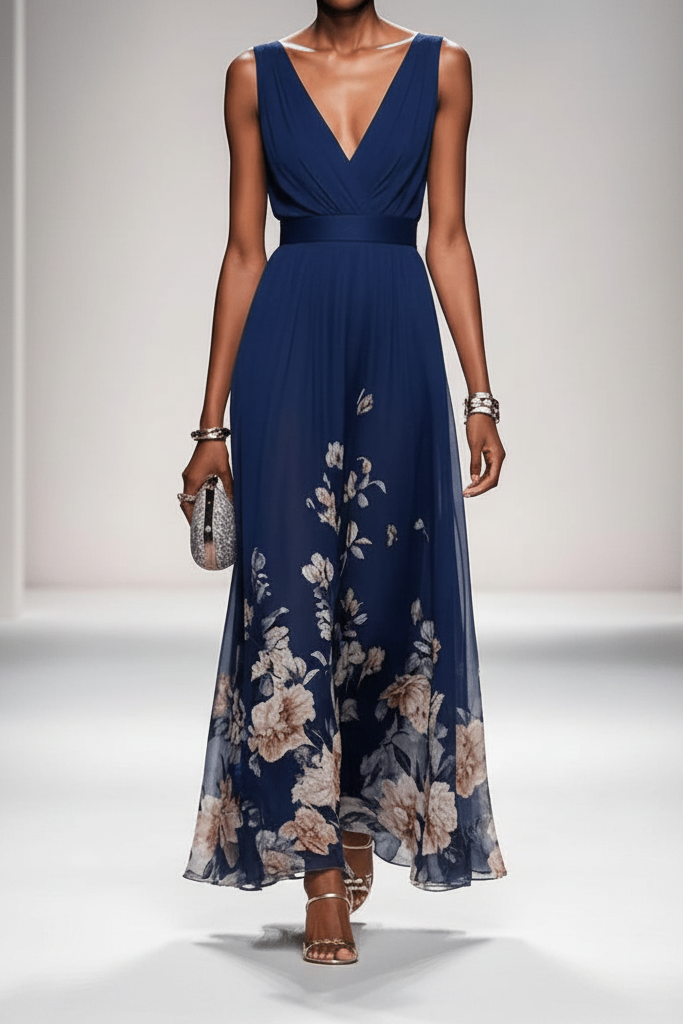 Sleeveless Belted Chiffon V-Neck Floral Maxi Dress