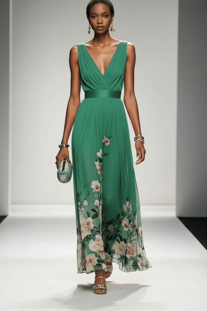 Sleeveless Belted Chiffon V-Neck Floral Maxi Dress