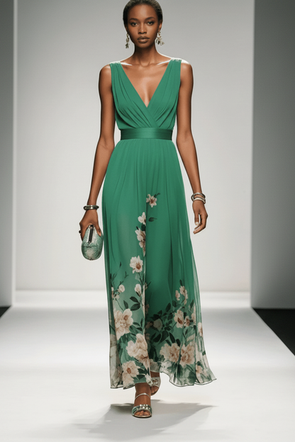 Sleeveless Belted Chiffon V-Neck Floral Maxi Dress