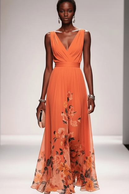 Sleeveless Belted Chiffon V-Neck Floral Maxi Dress