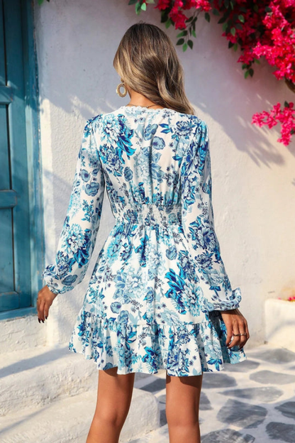 Deep V-Neck Floral Long Sleeve Mini Dress