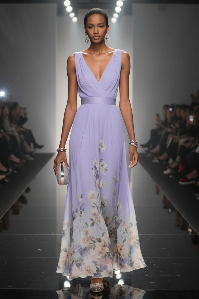 Sleeveless Belted Chiffon V-Neck Floral Maxi Dress