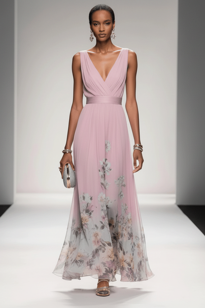 Sleeveless Belted Chiffon V-Neck Floral Maxi Dress
