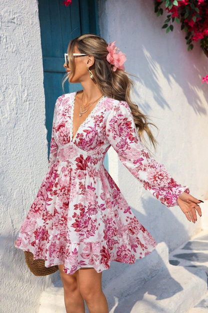 Deep V-Neck Floral Long Sleeve Mini Dress