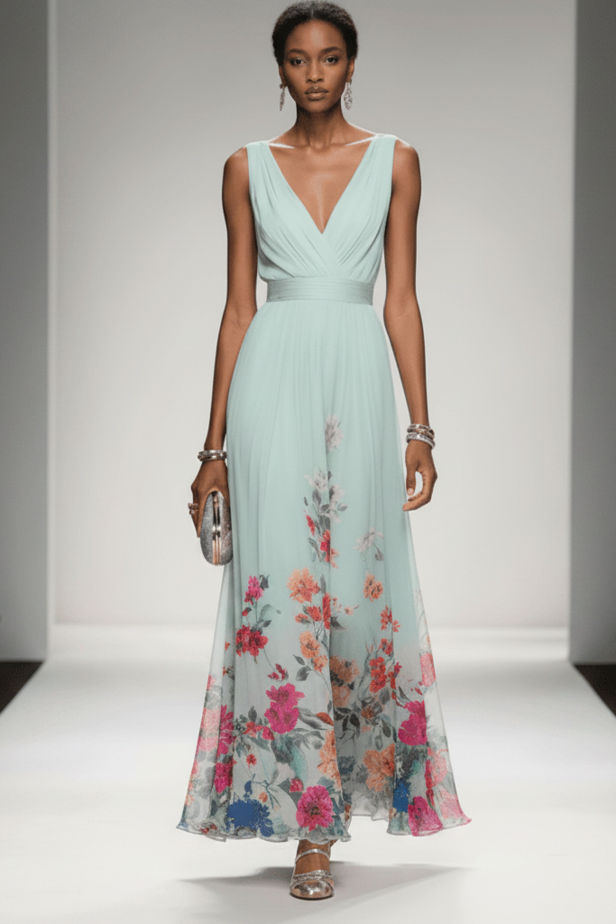 Sleeveless Belted Chiffon V-Neck Floral Maxi Dress