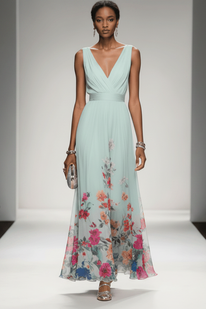 Sleeveless Belted Chiffon V-Neck Floral Maxi Dress