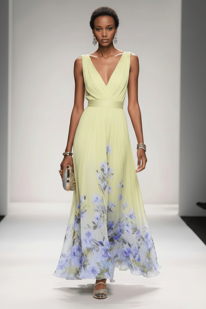 Sleeveless Belted Chiffon V-Neck Floral Maxi Dress