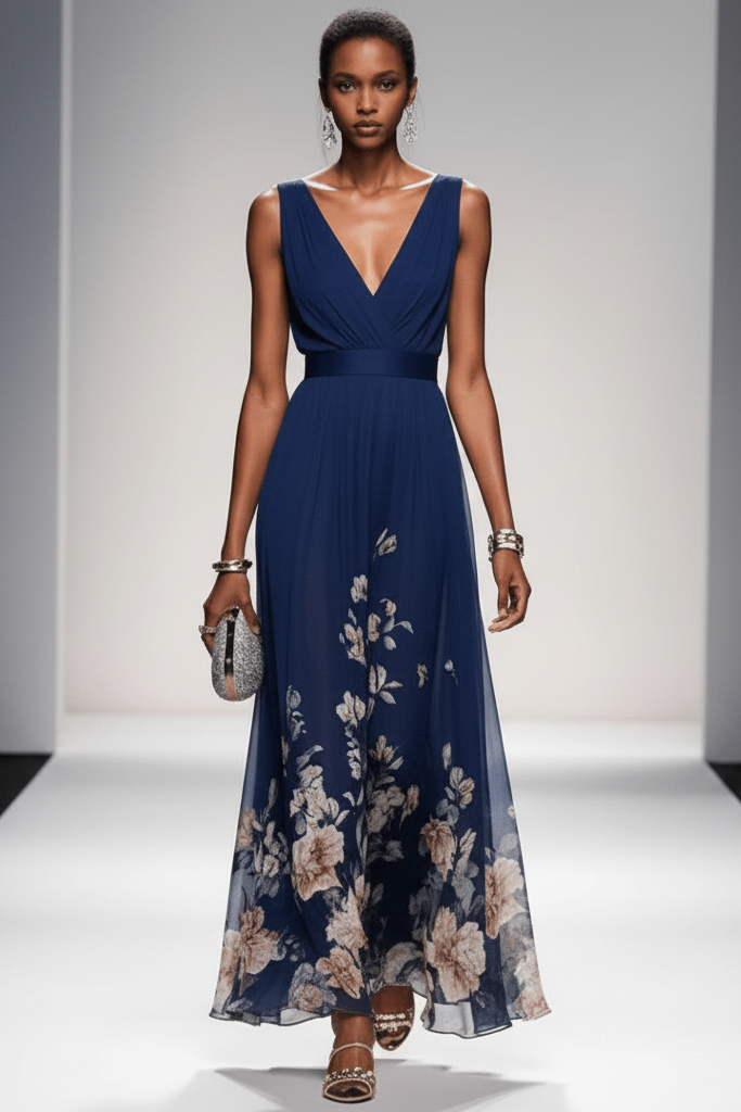 Sleeveless Belted Chiffon V-Neck Floral Maxi Dress