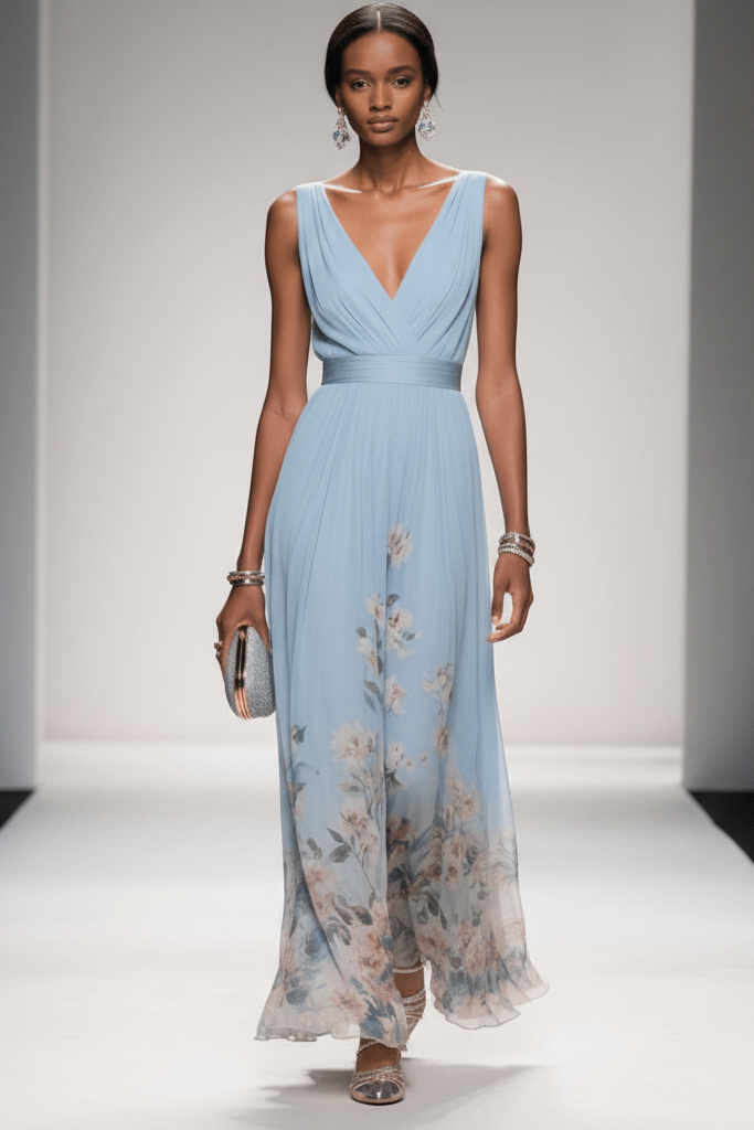 Sleeveless Belted Chiffon V-Neck Floral Maxi Dress