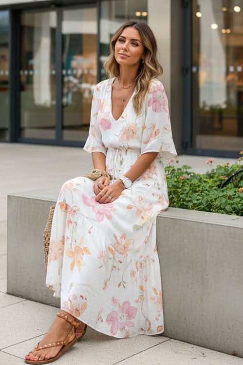V-Neck Floral Print Maxi Dress with Flutter Sleeves