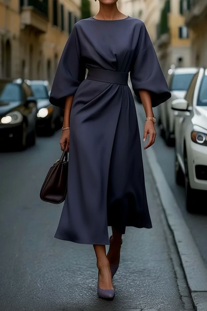 Round Neck Belted Wrap Midi Dress with Wide Sleeves