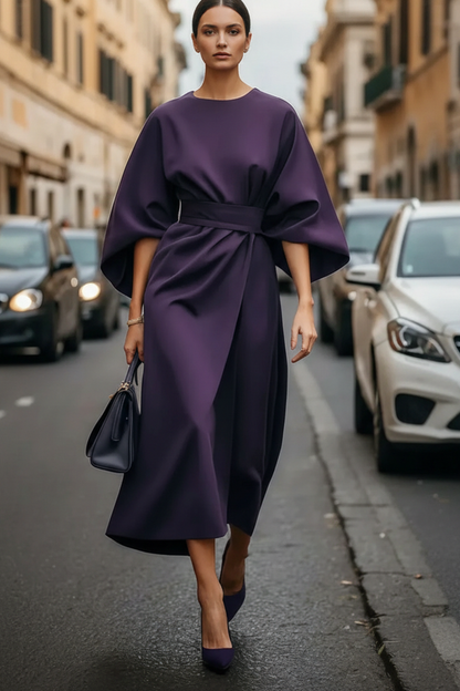 Round Neck Belted Wrap Midi Dress with Wide Sleeves