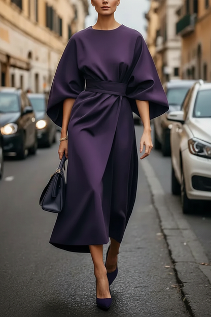 Round Neck Belted Wrap Midi Dress with Wide Sleeves