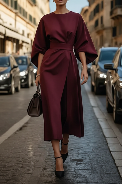 Round Neck Belted Wrap Midi Dress with Wide Sleeves