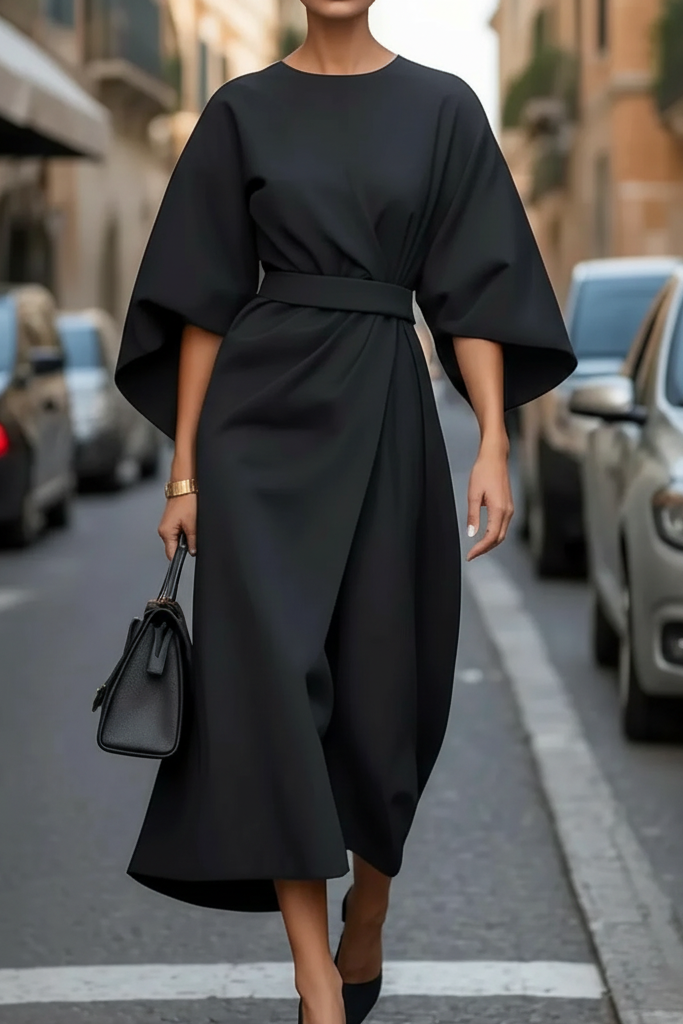 Round Neck Belted Wrap Midi Dress with Wide Sleeves