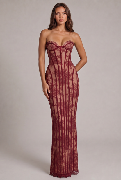 Strapless Sheer Lace Corset Maxi Dress