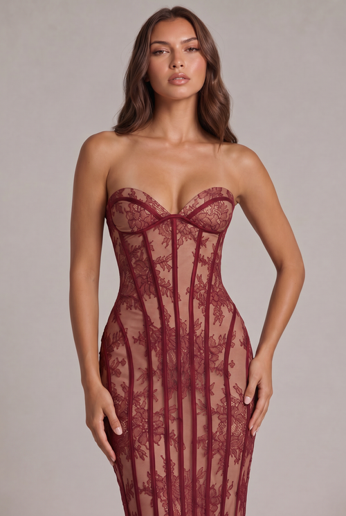 Strapless Sheer Lace Corset Maxi Dress