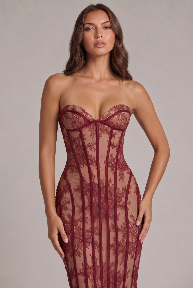 Strapless Sheer Lace Corset Maxi Dress