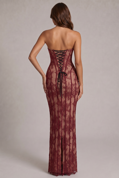 Strapless Sheer Lace Corset Maxi Dress