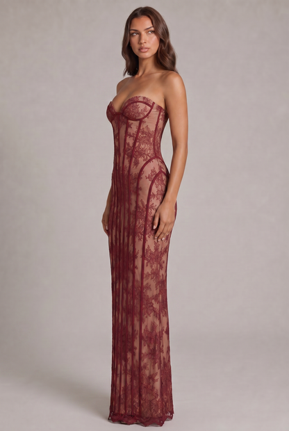 Strapless Sheer Lace Corset Maxi Dress