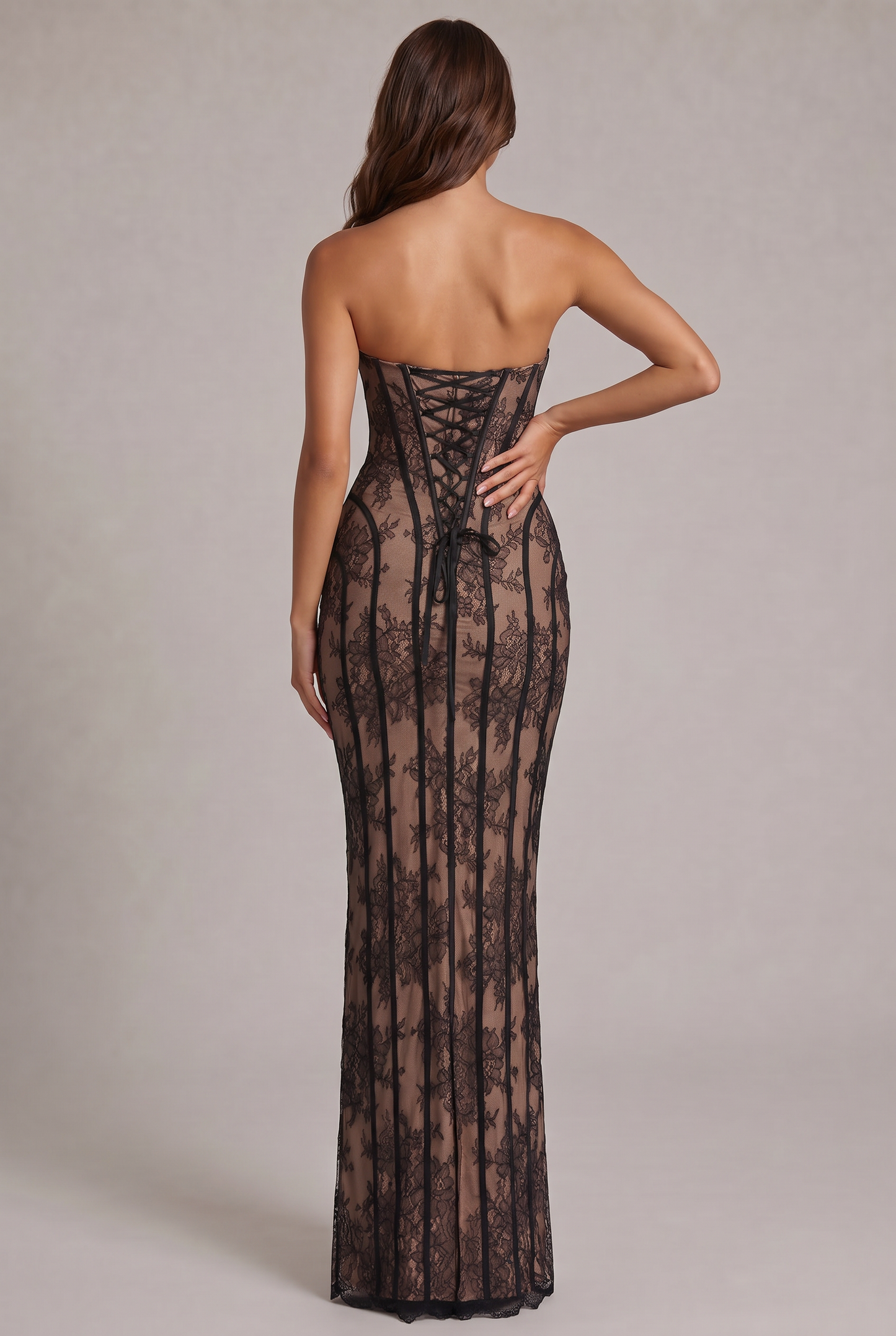 Strapless Sheer Lace Corset Maxi Dress
