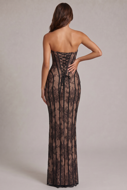 Strapless Sheer Lace Corset Maxi Dress