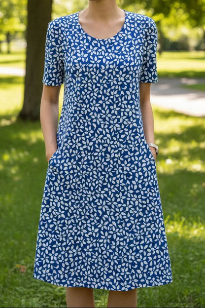 Floral Print Short Sleeve Midi Dress with Full Skirt