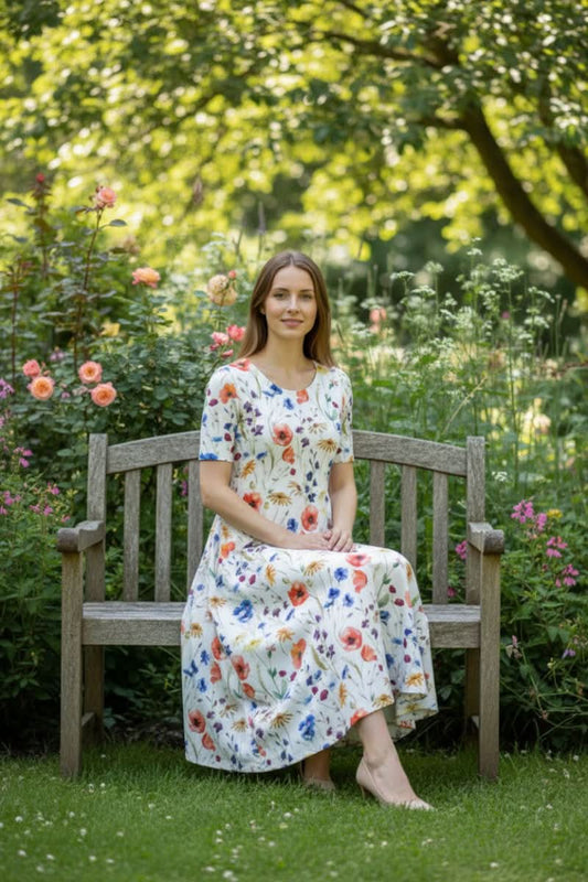 Floral Print Short Sleeve Midi Dress with Full Skirt