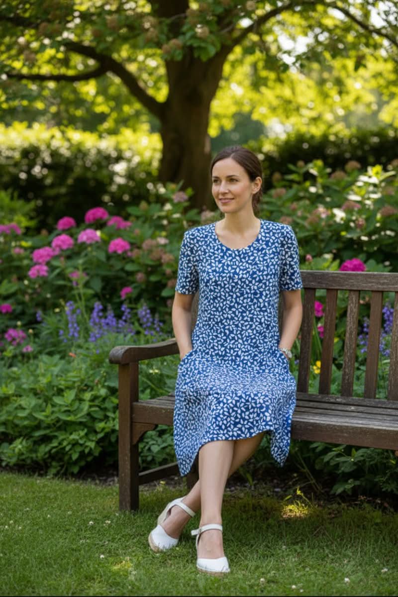 Floral Print Short Sleeve Midi Dress with Full Skirt