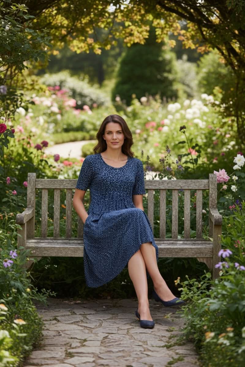 Floral Print Short Sleeve Midi Dress with Full Skirt