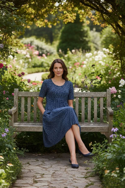 Floral Print Short Sleeve Midi Dress with Full Skirt