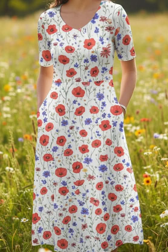Floral Print Short Sleeve Midi Dress with Full Skirt