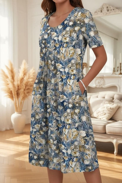 Floral Print Short Sleeve Midi Dress with Full Skirt