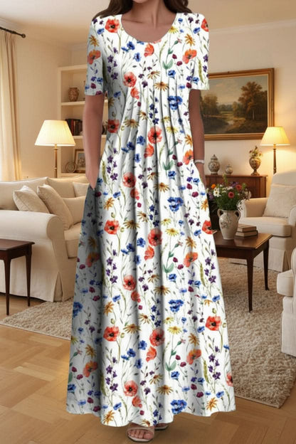 Floral Print Short Sleeve Midi Dress with Full Skirt