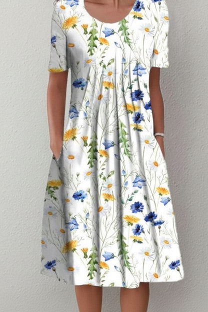 Floral Print Short Sleeve Midi Dress with Full Skirt
