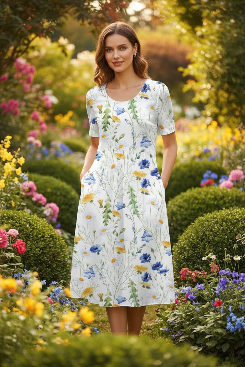 Floral Print Short Sleeve Midi Dress with Full Skirt