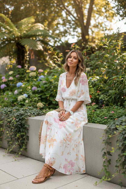 V-Neck Floral Print Maxi Dress with Flutter Sleeves
